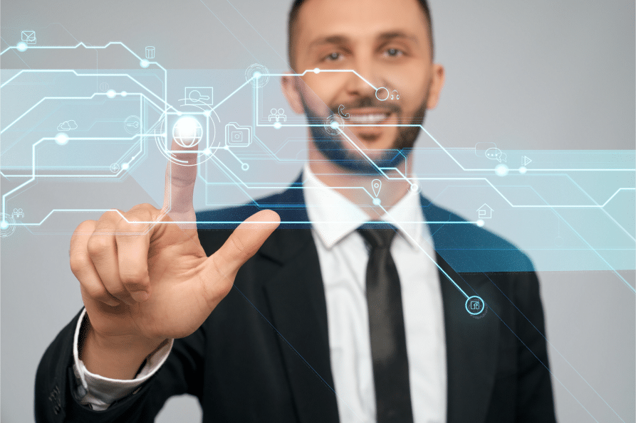 Business professional interacting with a virtual interface illustrating platform connectivity.