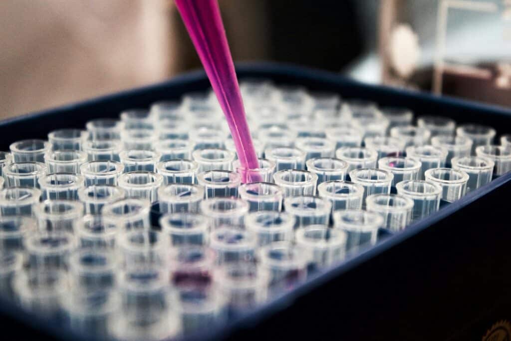 Lab samples with pink liquid