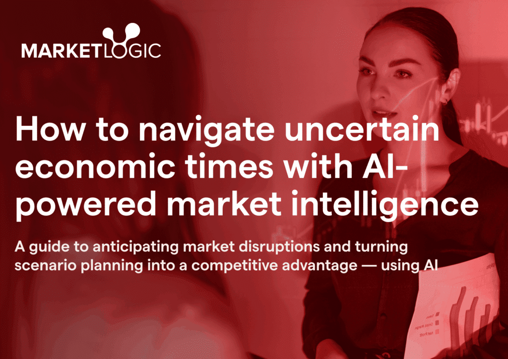 red cover with two women speaking, representing the cover of a whitepaper on how to navigate economic uncertain times with the help of AI agents' scenario planning, using AI-powered market intelligence