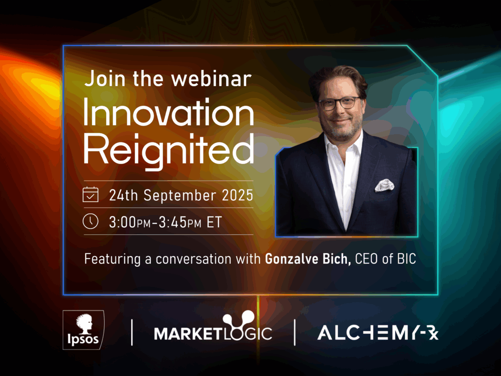 Image showcasing webinar guest Innovation Reignited: Why CEOs can’t afford to stand still, with Gonzalve Bich, CEO of BIC, hosted by Ipsps, Market Logic, and Alchemy-Rx