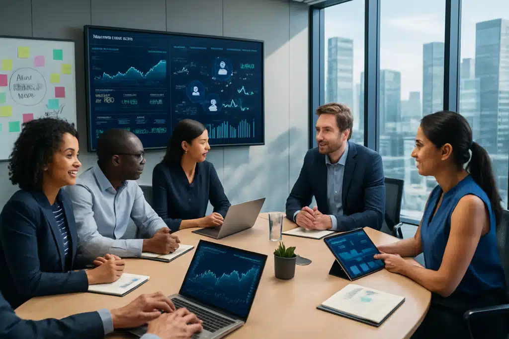 Team working in finance in a boardroom discussing how AI agents in Finance for market intelligence can help them achieve their targets
using DeepSights