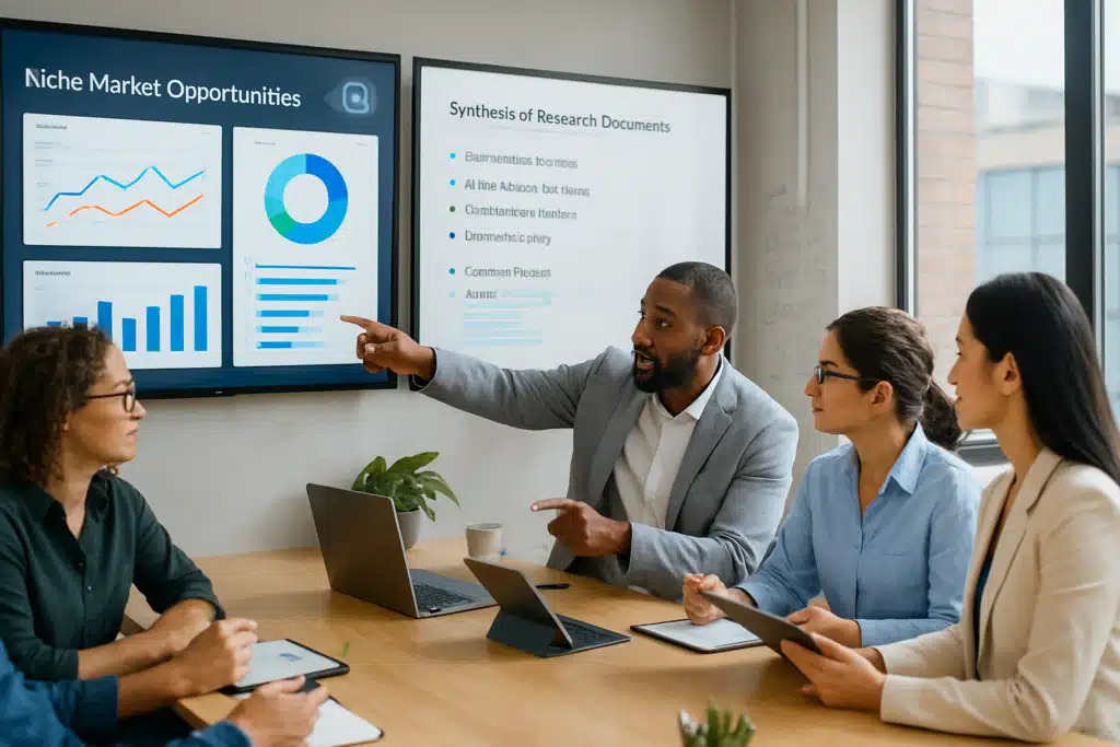 Team members in a boardroom looking at a screen at market research to be able to identify niche market opportunities