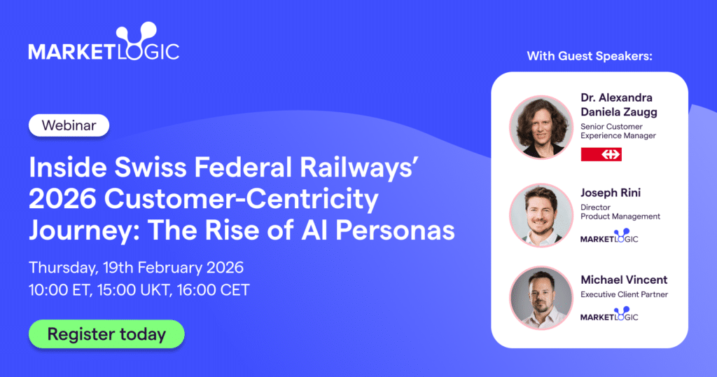 A cover image of the Market Logic Swiss Federal Railways webinar promotion with all the speakers to to promote AI synthetic personas for marketers