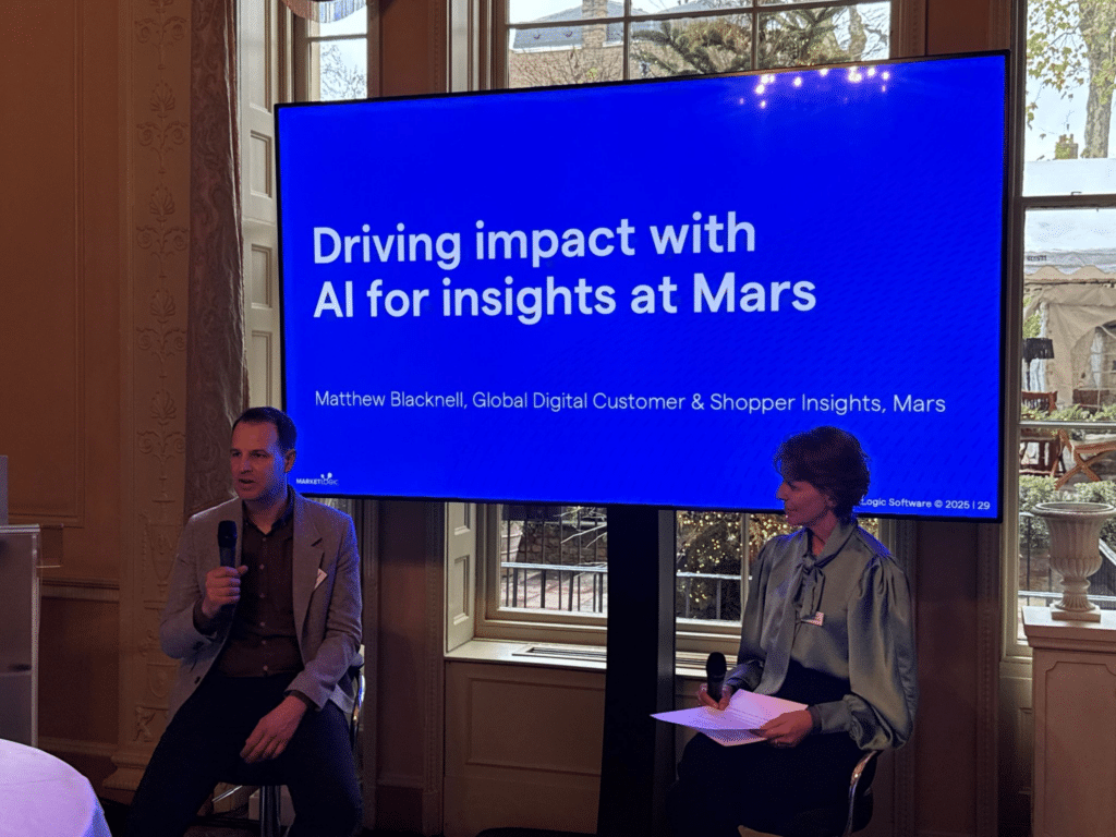 Picture of Matthew Blacknell, Global Digital Consumer & Shopper Insights at Mars, speaking on innovation and always-on insights at Market Logic's roundtable