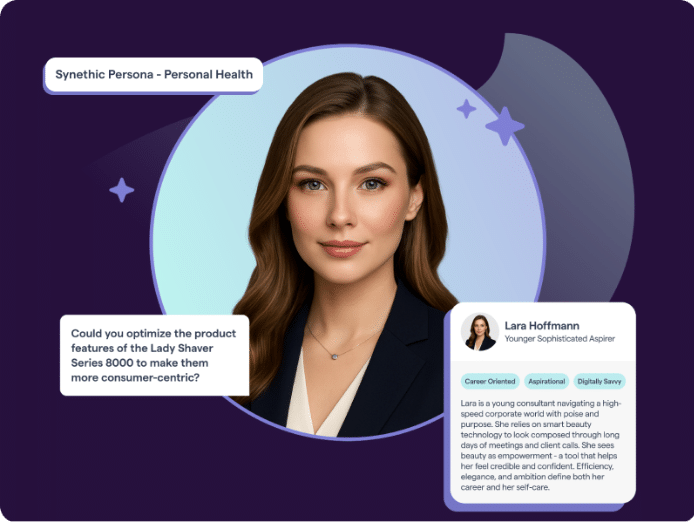 Image representing a synthetic persona that is AI-powered, built by data in DeepSights by Market Logic. Synthetic agents are one of 2026 key insights management trends