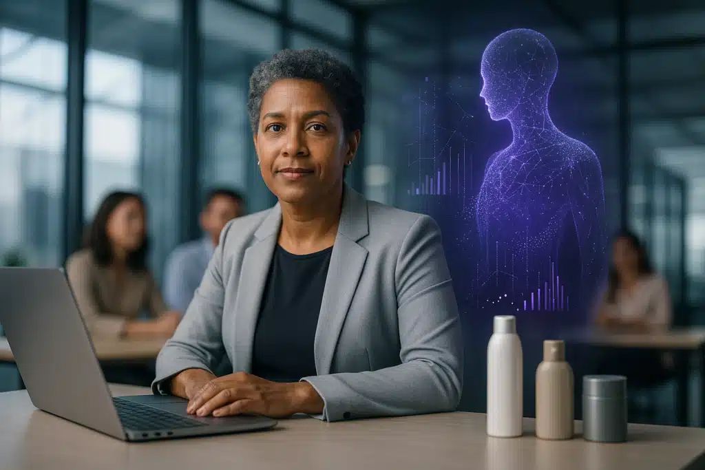 Business professional sitting at a desk with a laptop and product containers, alongside a glowing digital human figure representing AI-powered innovation. The scene illustrates AI for innovation and AI innovation in product development and business strategy collaboration.