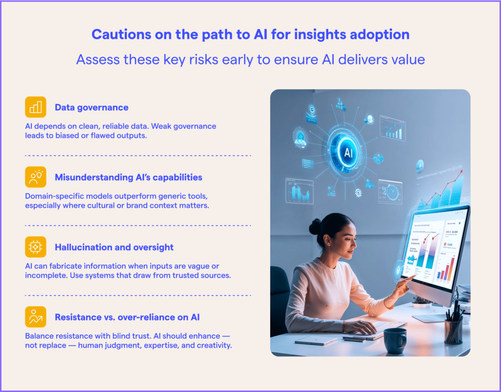 Infographic listing cautions on the path to AI-powered innovation, highlighting risks in data governance, misunderstanding AI’s capabilities, hallucination, and over-reliance on AI for innovation. Next to the text, a person uses AI technology displayed on a digital screen.