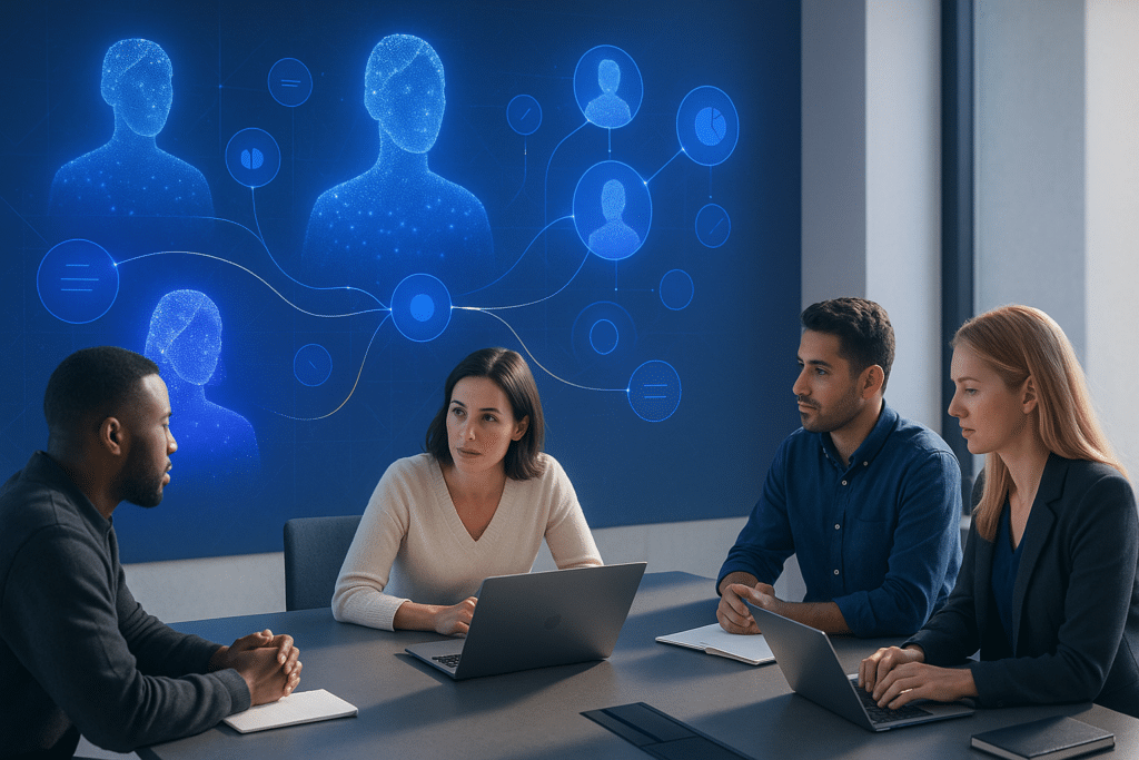 Group of four marketers, two women with laptops and two men with notebooks, representing employees at an organization, collaborating at a boardroom, with AI-generated synthetic personas displayed virtually in the background, illustrating synthetic personas for marketers. The image showcases the efficacy of AI synthetic personas for marketers compared to static personas.