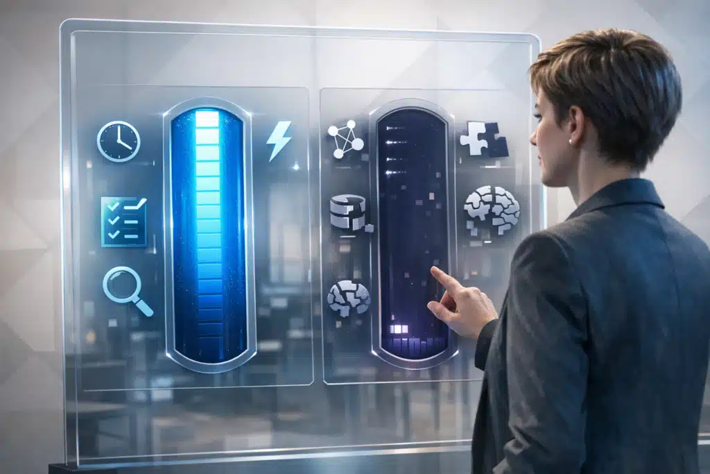 Enterprise AI platform visualization contrasting fast productivity capabilities with reliable confidence and structured reasoning required for trustworthy market intelligence.