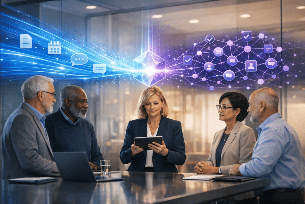 Enterprise team combining enterprise AI productivity capabilities with DeepSights insight intelligence layer, illustrating how trusted reasoning and structured knowledge amplify decision-making at scale.