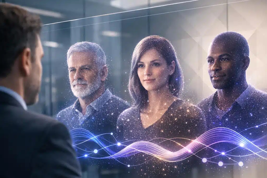 Business professional interacting with AI-powered synthetic personas displayed on a digital screen, visualized with data patterns and light waves to illustrate how conversational AI uncovers deeper consumer motivations, reveals new consumer insights, and enhances early‑stage consumer testing.