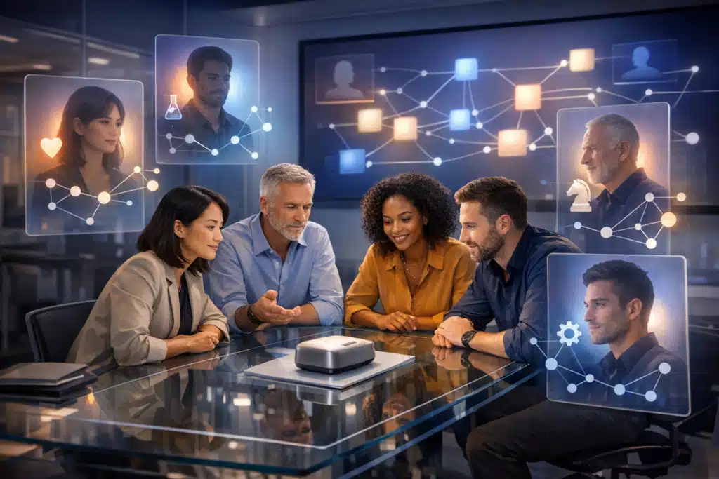 Insights team gathered around a table reviewing AI‑powered synthetic personas projected as digital profiles and network diagrams, illustrating how teams uncover deeper consumer motivations, generate faster consumer insights, and enhance early‑stage consumer testing across product, strategy, and R&D workflows.
