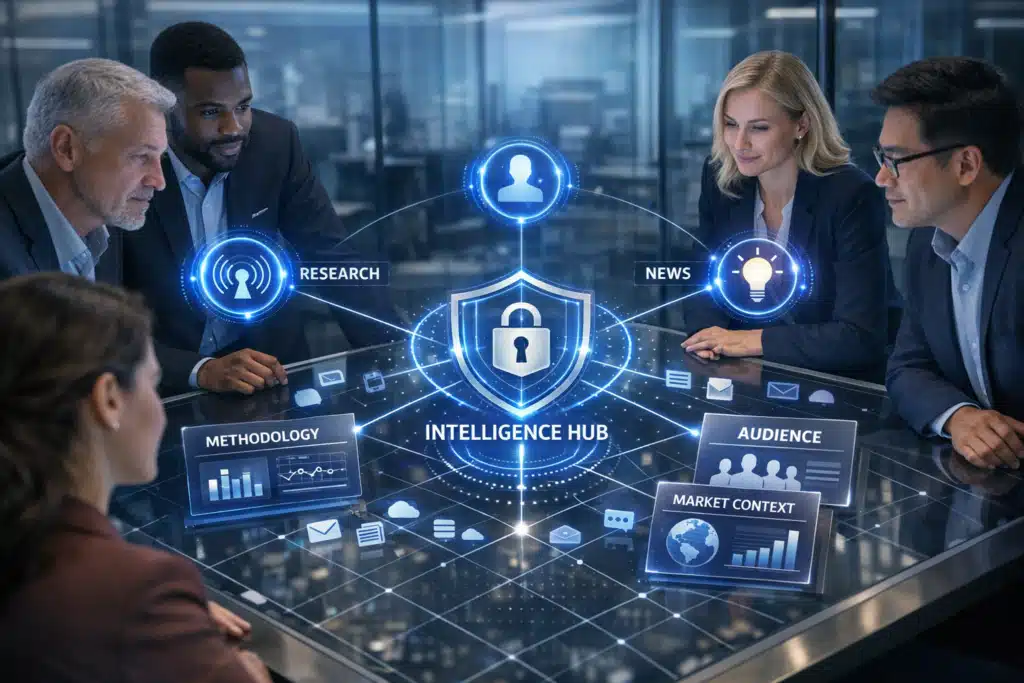 AI-powered Intelligence Hub connecting research sources, news signals, methodology, and audience data within a secure, governed platform for enterprise market insights collaboration.