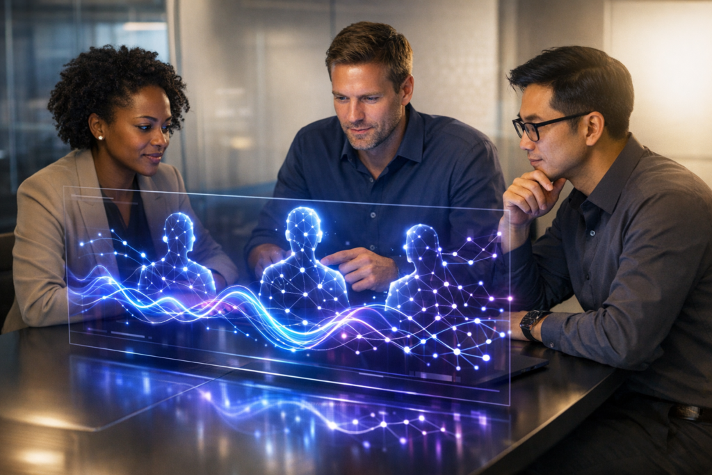 Individuals seated around a table looking at glowing blue holographic figures and an infinity‑loop diagram, symbolizing continuous human–AI collaboration enabled by ai powered tools to strengthen innovation management and improve the innovation process.