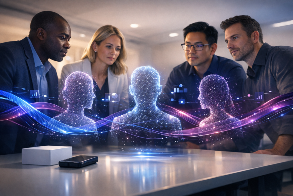 People standing in front of holograms that represent AI-generated personas and how AI-driven trend forecasting accelerate innovation cycles