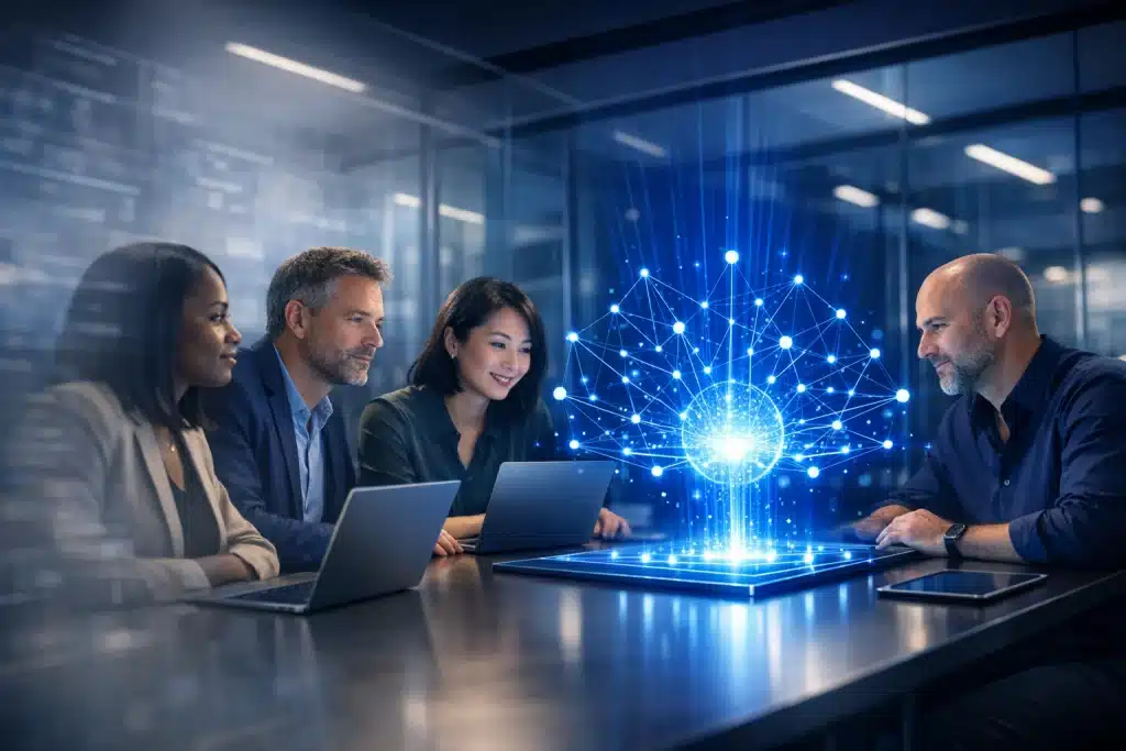 Cross‑functional team collaborating around a holographic AI network, illustrating AI‑accelerated market research where AI‑powered market research supports faster insight generation and automated market research workflows.