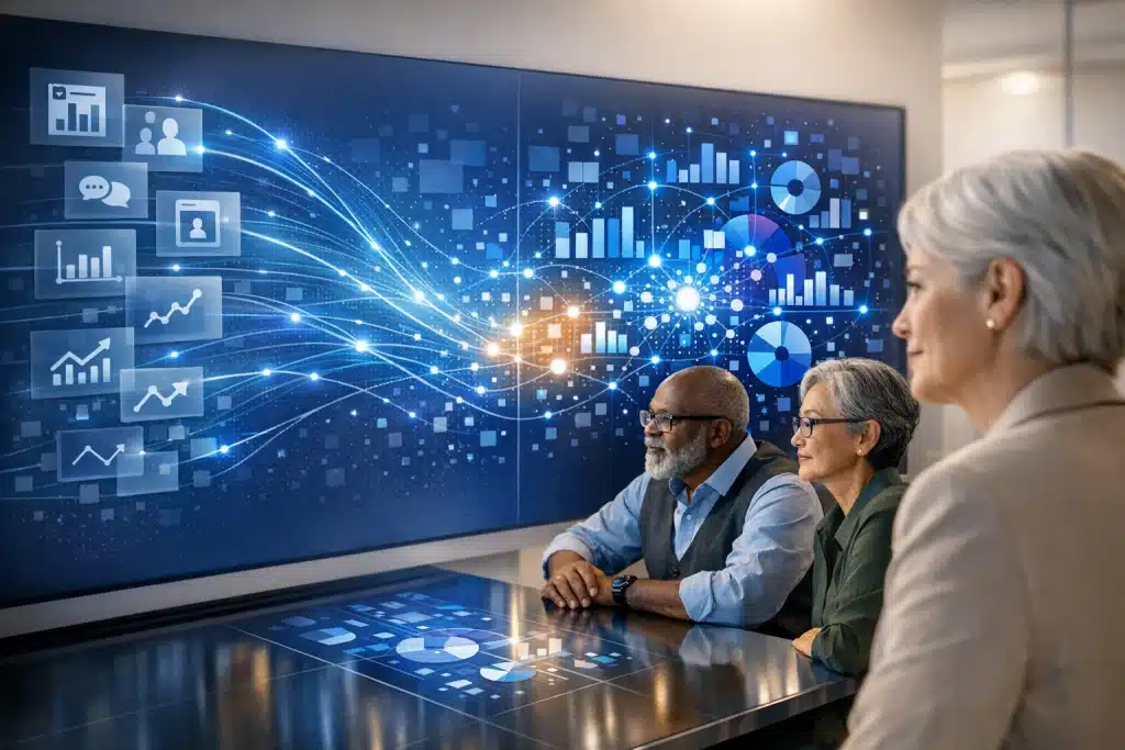Enterprise insights team reviewing real‑time analytics on a large digital dashboard, showcasing AI‑powered market research and AI‑accelerated market research embedded into everyday business decision‑making.