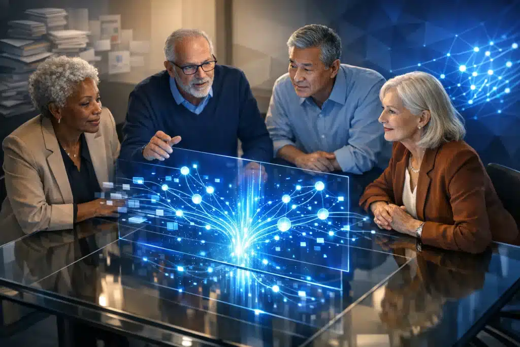 Senior insights team discussing patterns on a transparent AI interface, demonstrating how AI in market research enables automated market research and turns complex data into strategic insights.