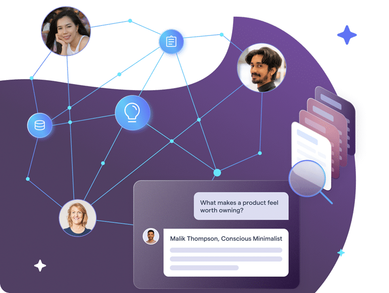 DeepSights Personas illustrating AI-powered market intelligence, where AI agents connect structured and unstructured data to simulate persona-based conversations and uncover drivers behind consumer decision-making within an enterprise platform.