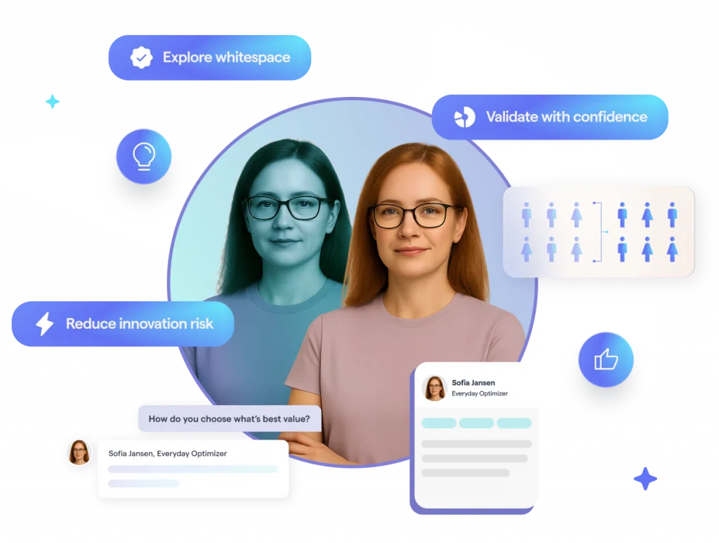 DeepSights Personas showing AI-powered consumer intelligence with synthic audiences to explore whitespace, reduce innovation risk and validate with confidense for innovation sucess.