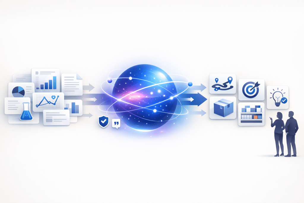 A still showing how data is ingested by an active intelligence platform and then turned to AI-powered insights, helping market research agencies turn research into decision-ready outcomes for clients