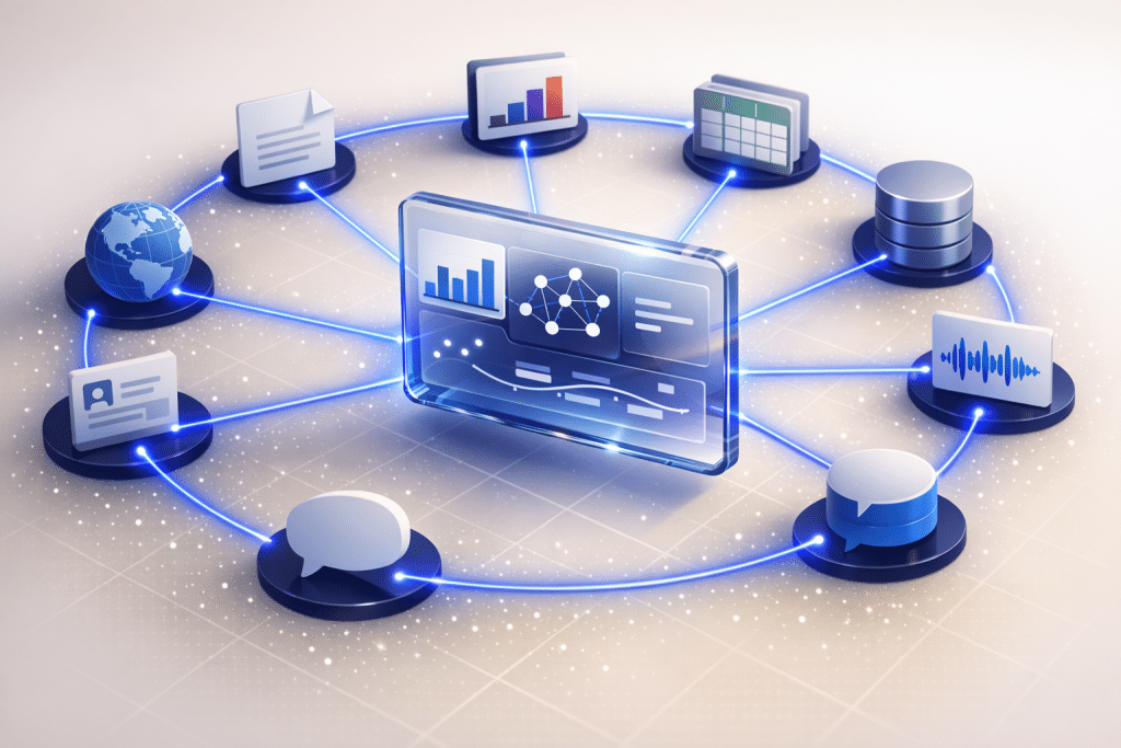 An image representing connected AI ecosystems used in market and active intelligence, showcasing a screen that represents AI insights and how gen AI can support market research teams search across repositories, summarize documents, identify recurring themes, and organize evidence around specific business questions.