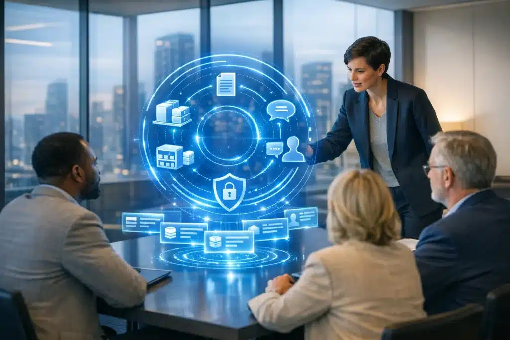 people in a meeting representing market research agencies using market intelligence with clients, as the new “concierge model” of AI-powered insights