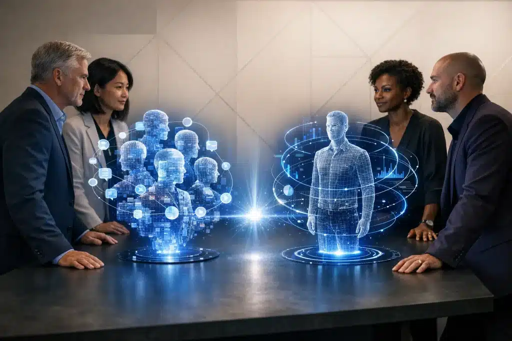 two teams of people representing leaders in the organization that are vetting between synthetic personas and digital twins