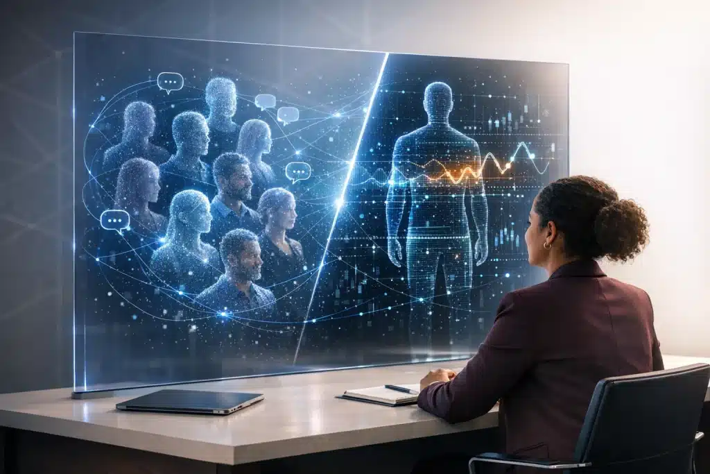 a woman representing a professional in the organization who is looking at holograms, representing the difference between synthetic personas and digital twins