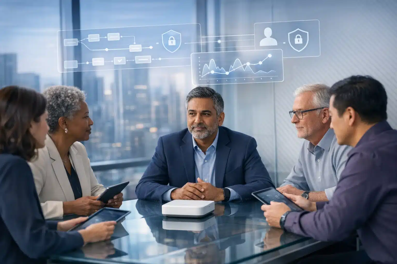 People in a boardroom with AI overlay visuals representing the use of intelligence for market research agencies to deliver more value for clients