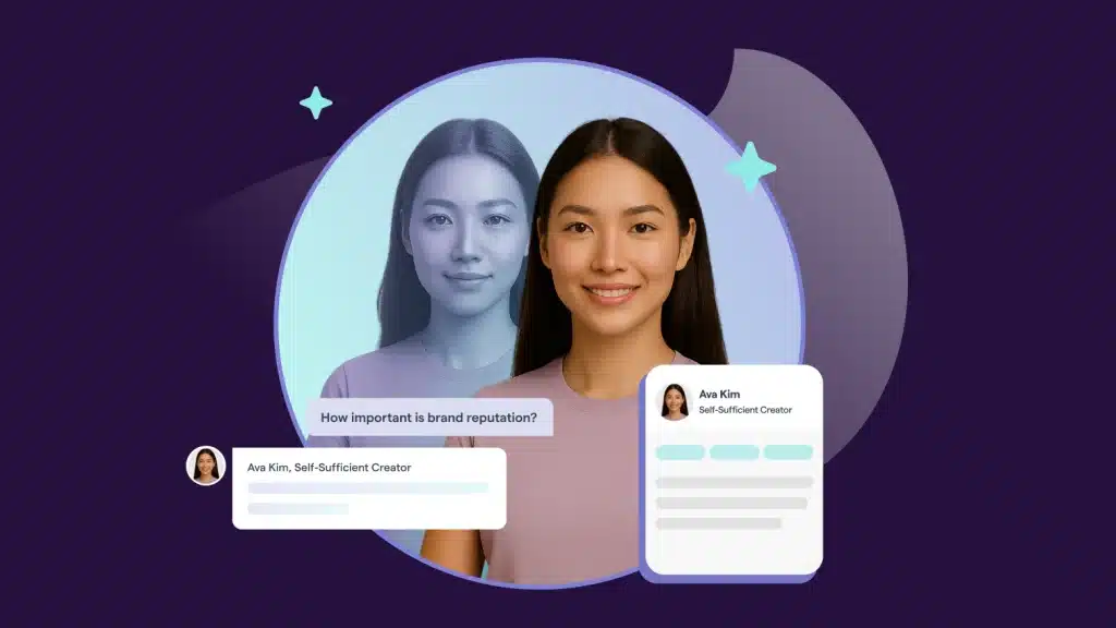 A DeepSights synthetic persona profile responding to a brand reputation question in a simulated AI chat